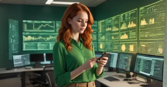 a woman in a green shirt looking at a cell phone